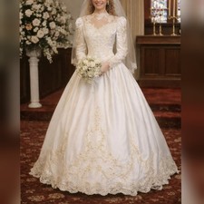 Alfred Angelo Vintage 80s 90s White Satin Long Sleeve Wedding Dress sz 14