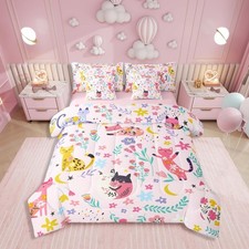 Floral Cat Comforter Set Queen for Girls,7-Piece Cat Animal Bedding for Boys,...