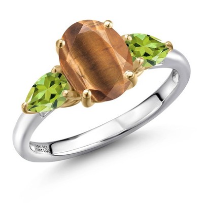 925 Silver and 10K Yellow Gold Brown Tiger Eye and Peridot Engagement Ring For