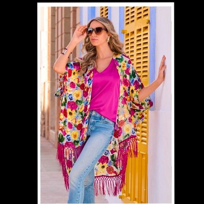 Boston Proper Size M/ L  Fringe Kimono Cover Floral Boho Beachy 