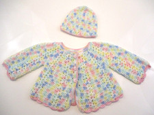Vtg Handmade Crochet Infant Girl 6-9 mo L/S SWEATER SET Pastel Hat Bunny Buttons