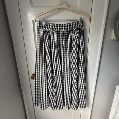 J. Crew Gwyneth Midi Skirt Black White Gingham Cotton Blend Sz M Preppy Pleats