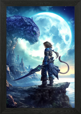 Fantasy Krieger und Riesenkatze gerahmtes Wandbild Poster Leinwanddruck Bild