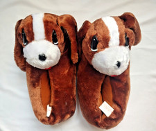 Kids Plush Dog Slippers - Brown White - Stuffed Animal - One Size Fits All