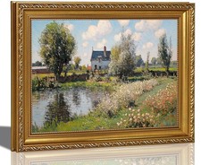 Gold Framed Vintage Country Canvas Wall Art, 3D Textures Lake Cottage Paintin...