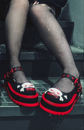 Black Red Platform Creepers 90s Mary Janes Flats Skulls Rockabilly Demonia Shoes