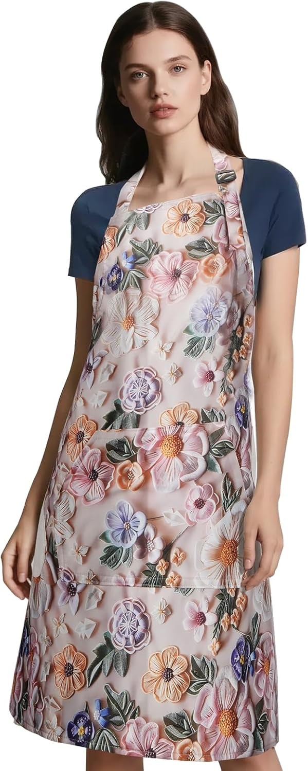 Floral Apron for Women with Pockets, Adjustable Chef Aprons for Kitchen, Cooking