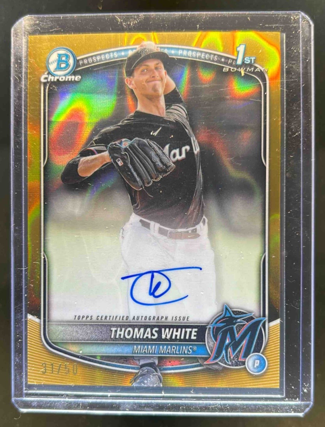 2025 Bowman Thomas White Chrome Auto Gold Lava Refractor 1st #/50 Marlins