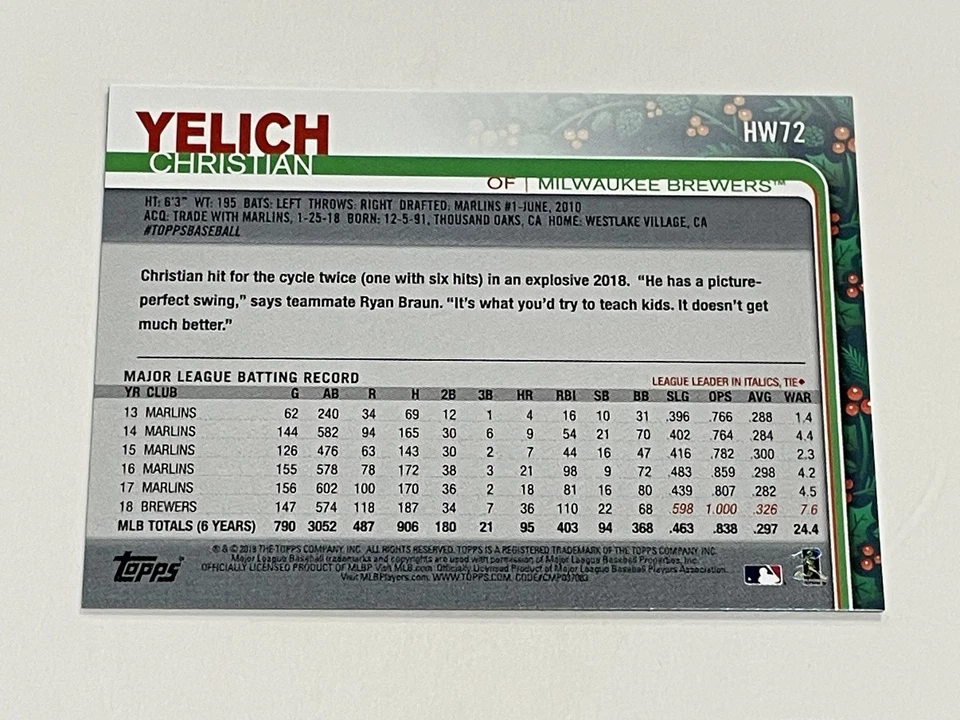 2019 Topps Holiday Baseball Candy Cane Bat - Christian Yelich - Brewers - Image 2 of 2