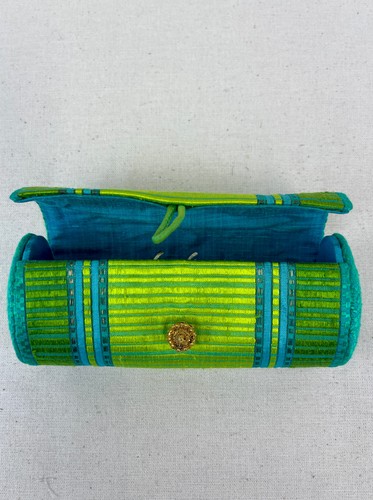 Star of Siam Thai Silk Clutch Purse Lime Green Turquoise Vintage Cylinder MINT - Picture 7 of 9