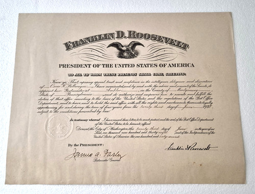 Franklin D Roosevelt Document - Postmaster Appointment - Ambler PA 1938
