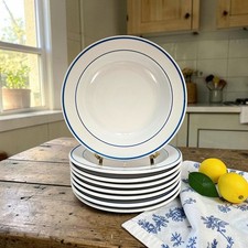 Alfoldi Hungary White Porcelain Double Blue Rimmed Soup Bowls 8.625" Set of 8