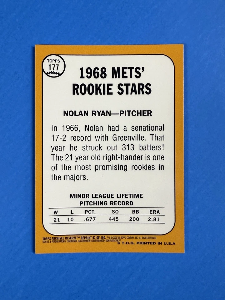 NOLAN RYAN ~ 2001 Topps Archives Reserve REFRACTOR #177 ~ RC Rookie (NM+) v1 - Image 2 of 4