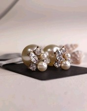 Double Sided White Pearl Beads Crystal Ball Stud earrings