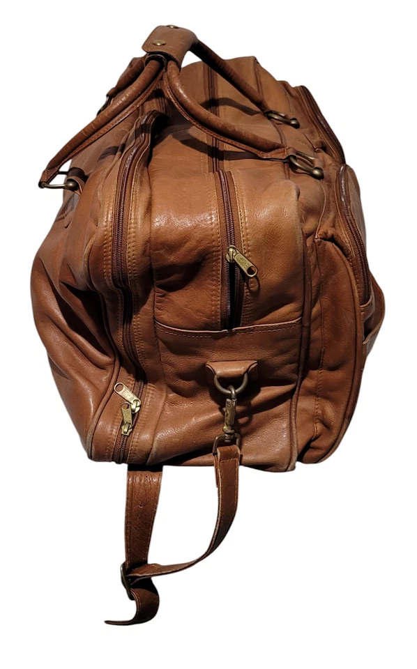 Vintage Leather Weekend Bag Duffle Suitcase Carry on Luggage Brown Lined M18 - Image 4 of 4