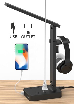 LED Study Desk Lamp with  Headphone Stand USB Charging Port and AC power Outlets