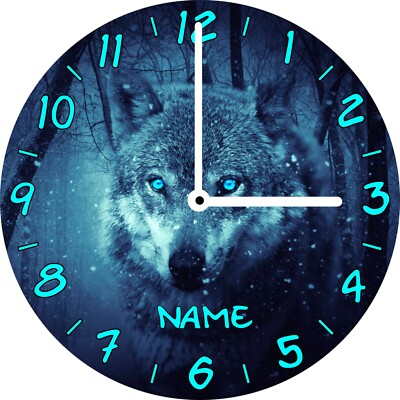 (32.44) WANDUHR KINDERUHR MYSTISCHER WOLF WOLFSKOPF Ø 29 cm / INKL. NAME