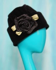 Black Velveteen Cloche Doll Hat Barbie Clothing Flapper 20s Style Ribbon Rose