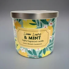 NEW Mainstays LEMON LEAVES & MINT Highly Fragranced 3-Wick 14oz Jar Candle