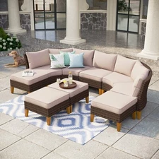 PHI VILLA 7-seat Outdoor Patio Conversation Set Curved Rattan Sectional Sofa Set