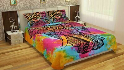 Handmade Elephant Indian Cotton Queen Size Bedsheet Ethnic Bedspread With Pillow