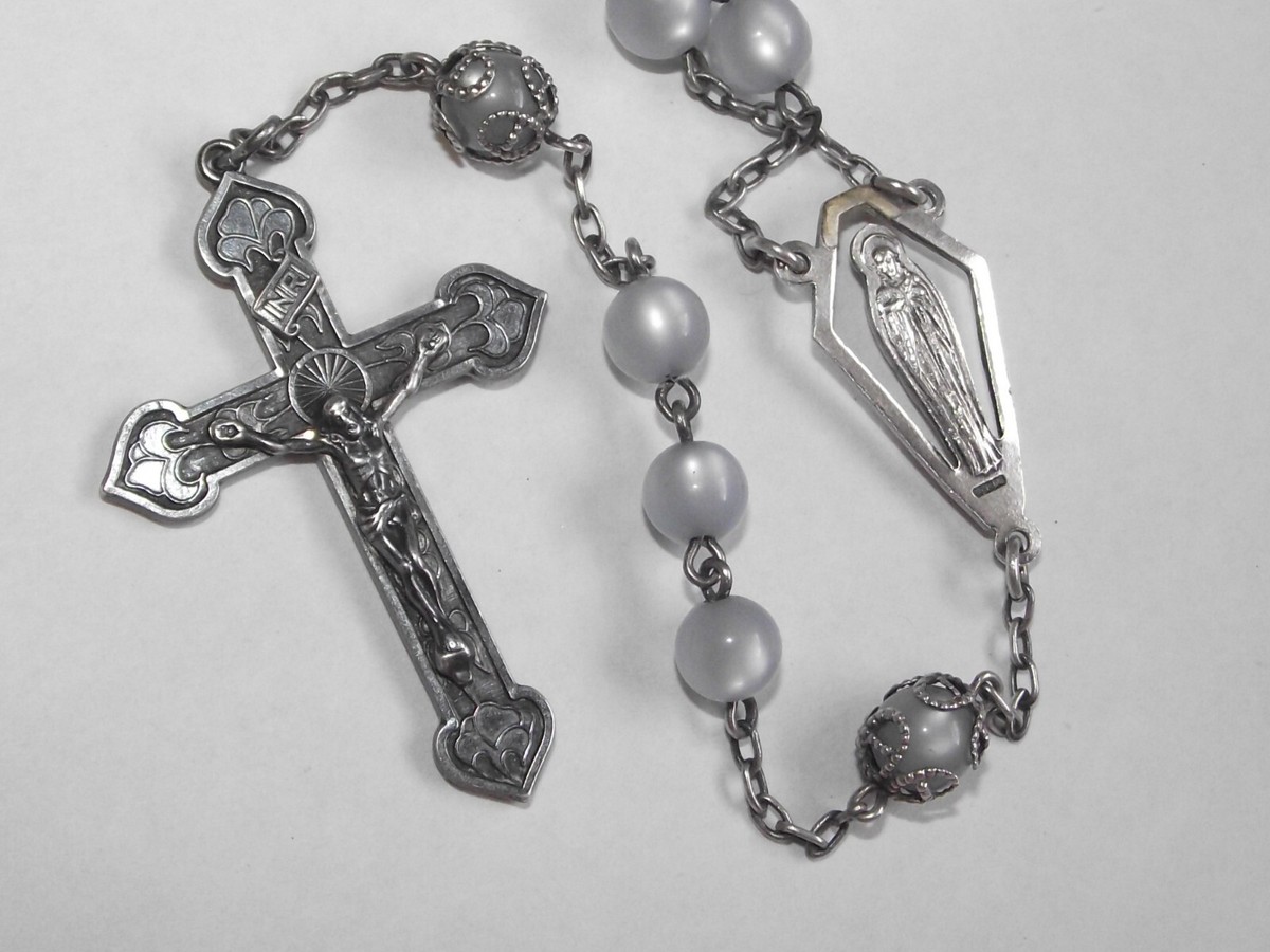 Vtg plastic moonglow rosary sterling silver filigree cap crucifix