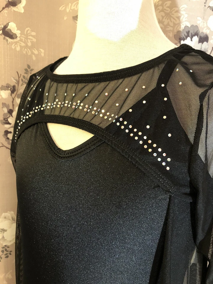 Curtain Call R570 Black Biketard Mesh Rhinestone Cape Gothic Dance Costume MA - Image 3 of 4