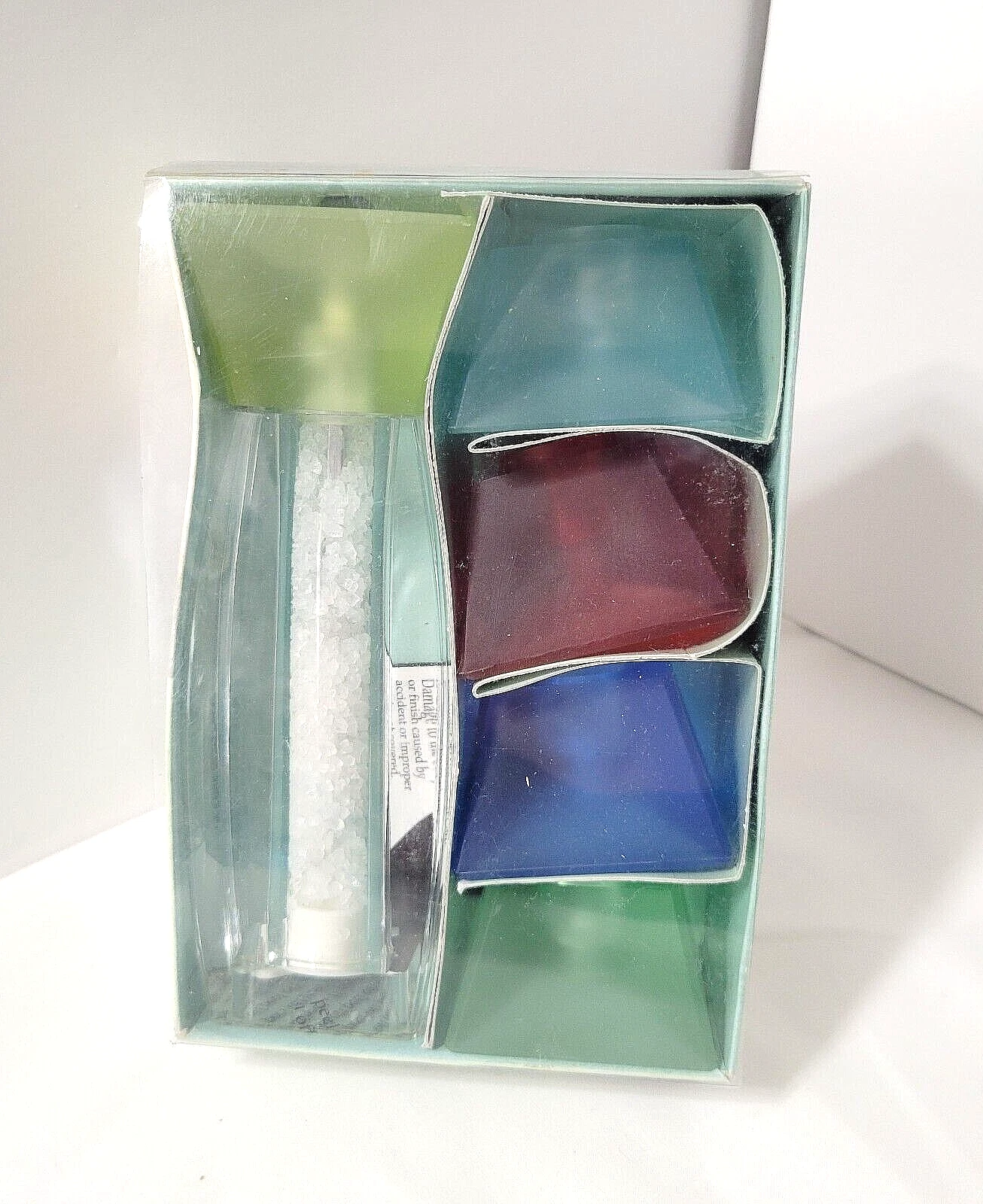 Mr. Dudley NEW Clear Acrylic SALT MILL + 5 Color Tops Red Green Yellow Blue Aqua