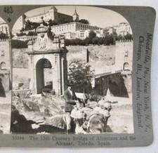 Stereoview Keystone View Co 33344 Bridge Of Alcantara Alcazar Toledo Spain (O)