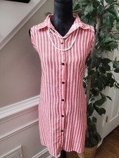 Pitzy Shop Women's Pink & White Collared Sleeveless Button Front Shirt Dress M