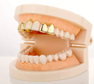 Hip Hop 14K Gold Plated Double Two Tooth Teeth Metal Open Grillz Canine Cap Set