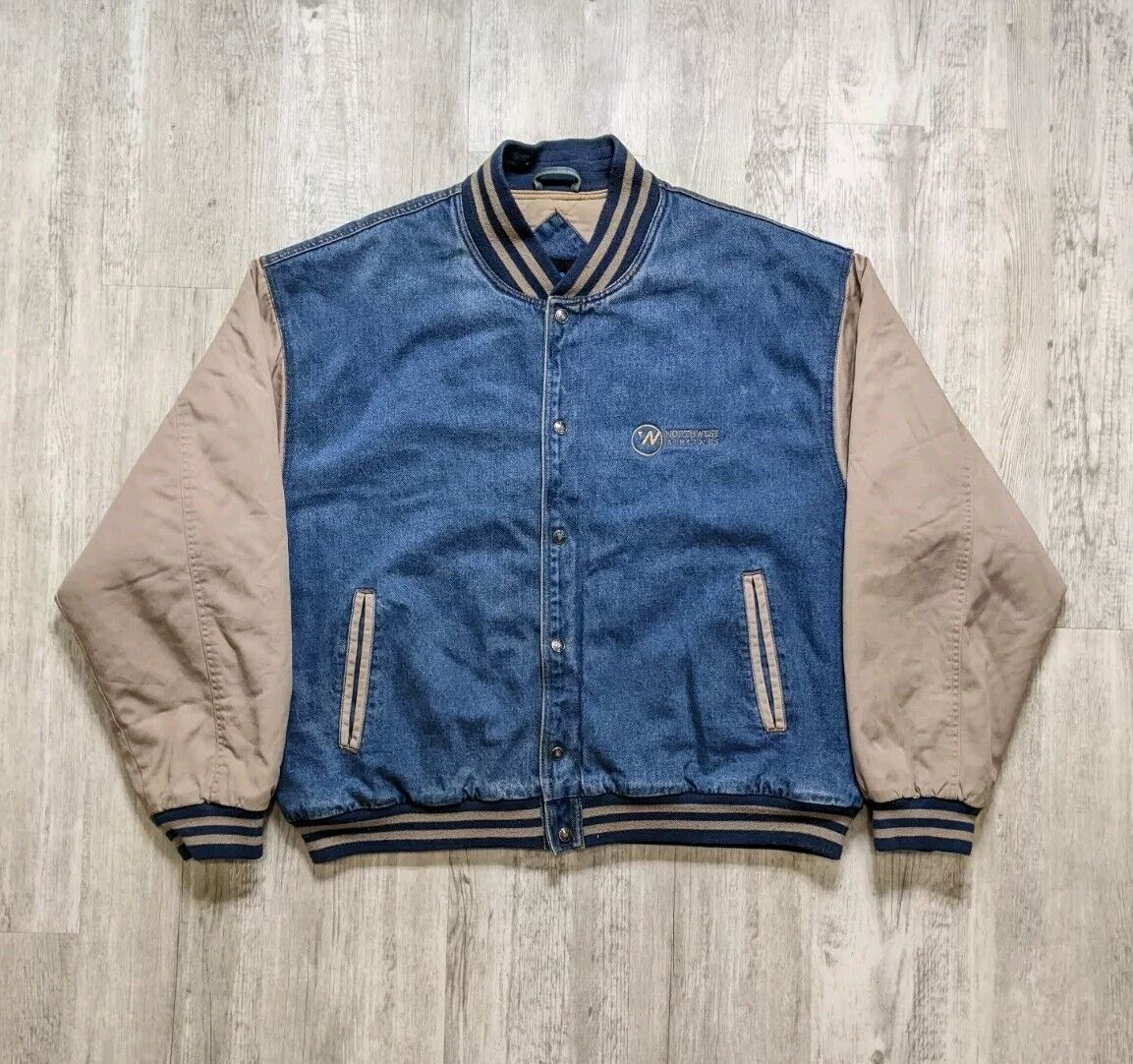 Vintage Northwest Airlines Denim Varsity Bomber Jacket Quilt Vintage Northwest Airlines Denim Varsity Bomber Jacket Quilt