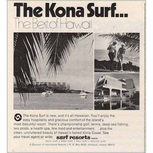 1973 Surf Resorts Hawaii: Kona Surf Vintage Print Ad