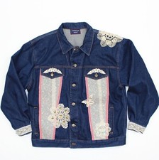 Vintage American Hero Crochet Embroidered Blue Denim Gypsy Hippie Jacket 90s