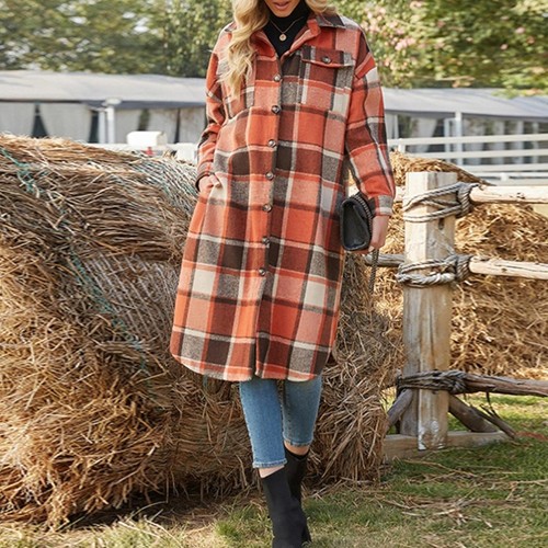 Trench cappotto lungo donna oversize monopetto finta lana a quadri shacket taglia M - Foto 4 di 6