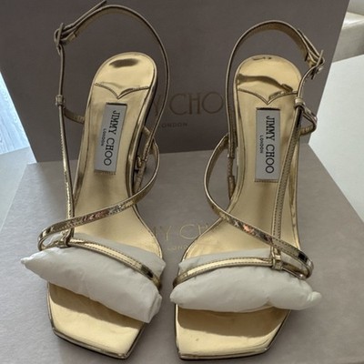 Jimmy Choo Gold Liquid Metal Leather Strappy Stiletto Heels Women US 8.5 Buckle