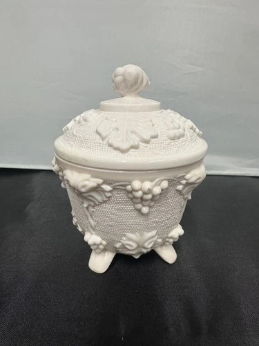 Vintage Jeanette Shell Pink Milk Glass Footed Candy Dish / Grape And Leaf Design