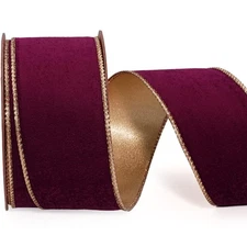LaRibbons Burgundy Velvet Ribbon Wired 2.5 Inch x 10 Yards, Burgundy and Gold...