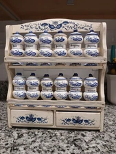 Vintage  Blue Onion Ceramic Spice Rack 12 Hand-Painted Jars & Wooden Drawer READ
