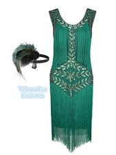 W-N2-3 Deluxe Ladies 1920s Roaring 20s Flapper Gatsby Costume Sequins Green