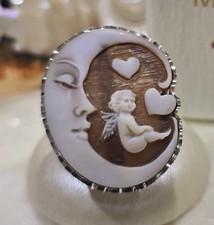 Anello Cammeo Inciso A Mano (luna, Angelo, Cuori), Argento 925 Oro, Regolabile