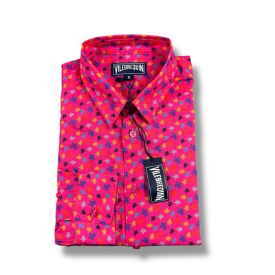 NWT $300 Vilebrequin Lightweight Cotton Shirt Pink Micro Rainbow Turtles AOP S