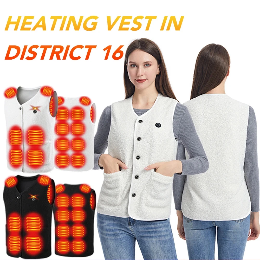 16 Areas Women Heated Vest Electric Heated V-neck Jacket USB Winter Thermal Warm