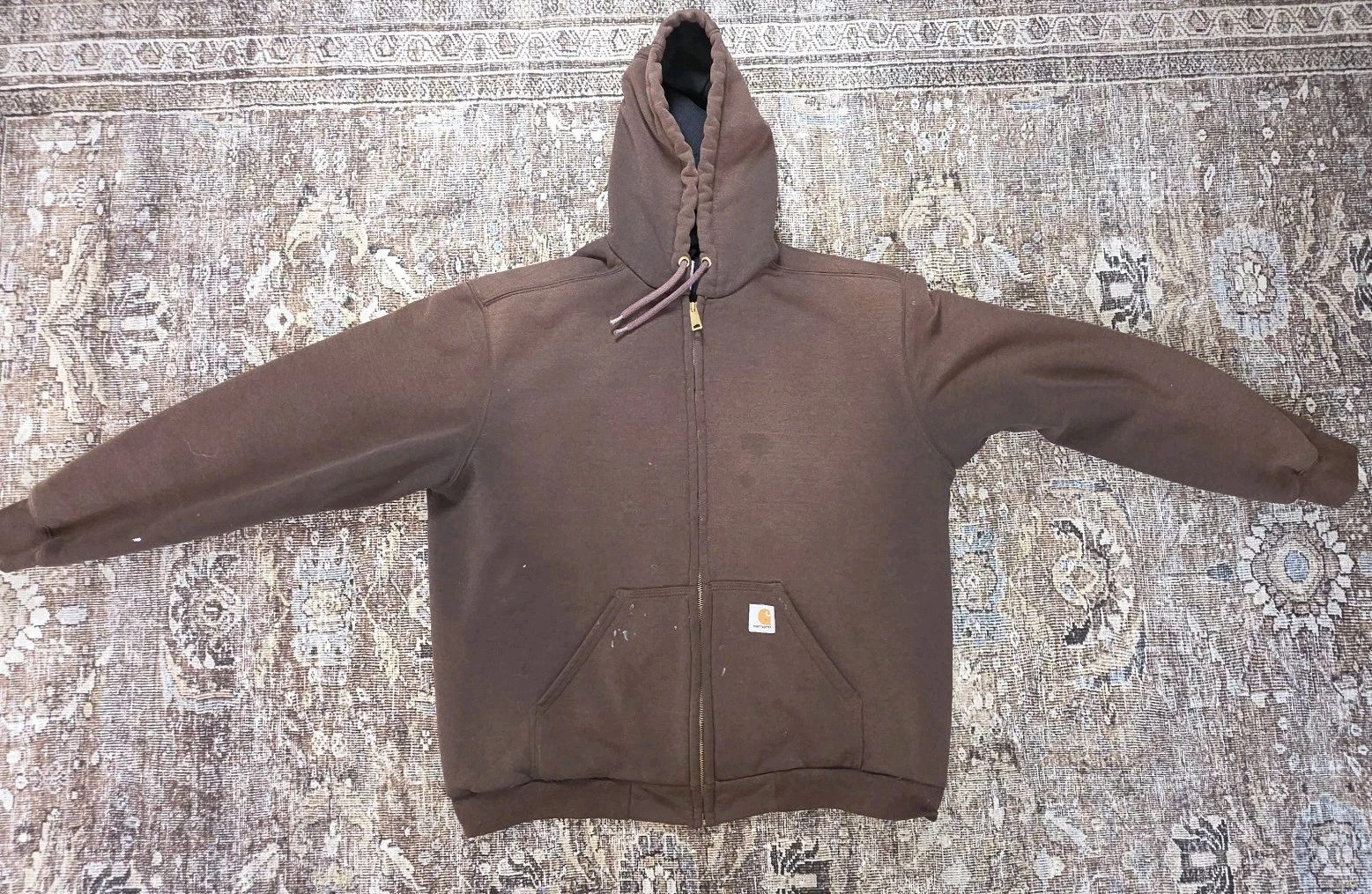 Carhartt Rutland Hooded Zip Sweatshirt Thermal Lined Brown Distressed L 100632