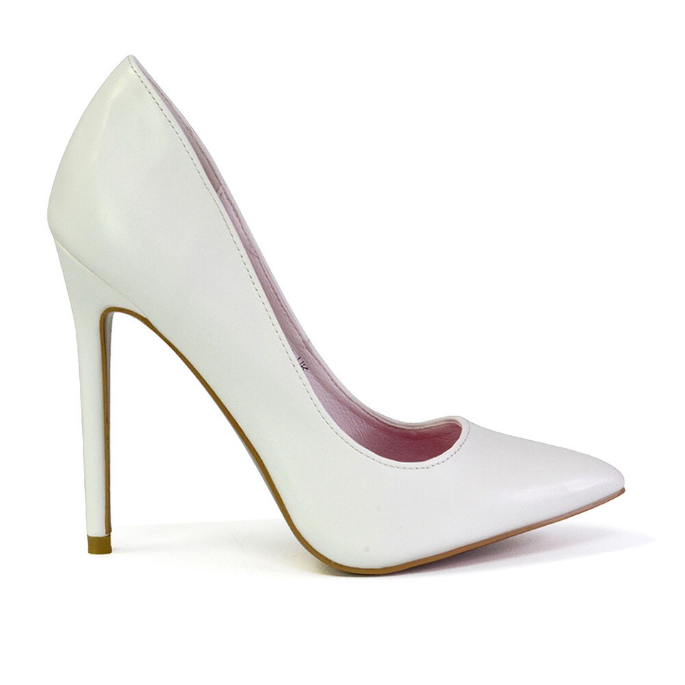 Hochzeitsschuhe Weiß PU-Leder Spitzer Zehe Blumen Stiletto Ferse Slip
