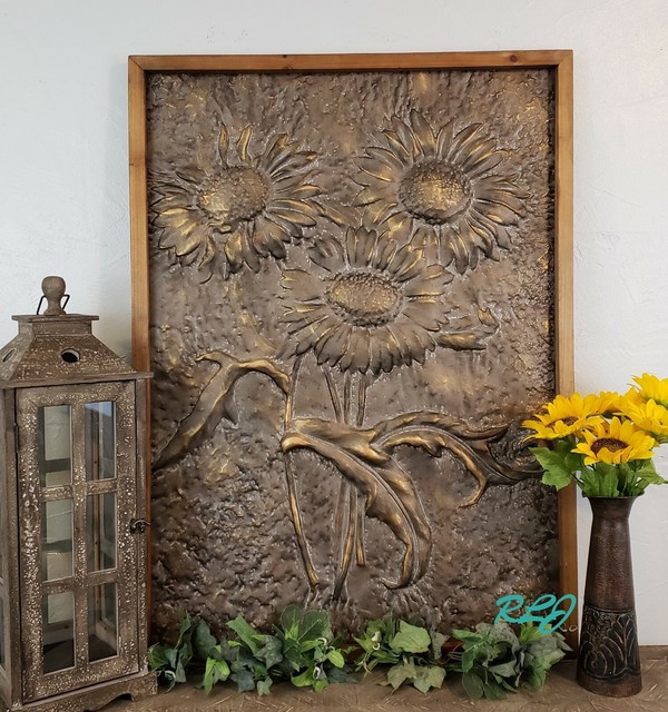 Large Rustic Distressed Bronze Embossed Metal Sunflower Wall Art Panel
