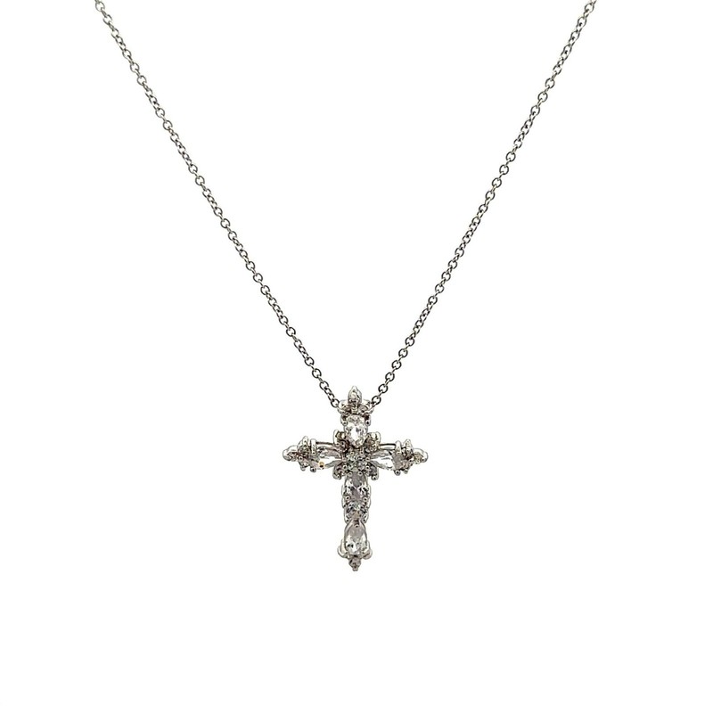 Designer FJM Sterling Silver Cubic Zirconia Cross Necklace 18" Chain
