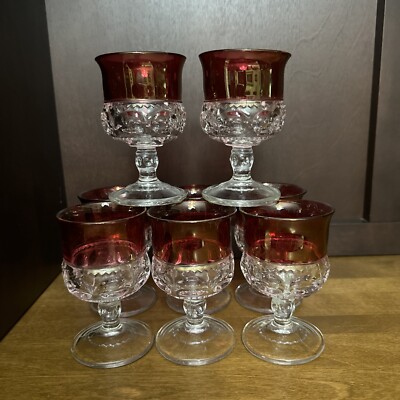 8 Tiffin Cordials Wine Goblets Glass Kings Crown Ruby Stained Flashed 4.25''