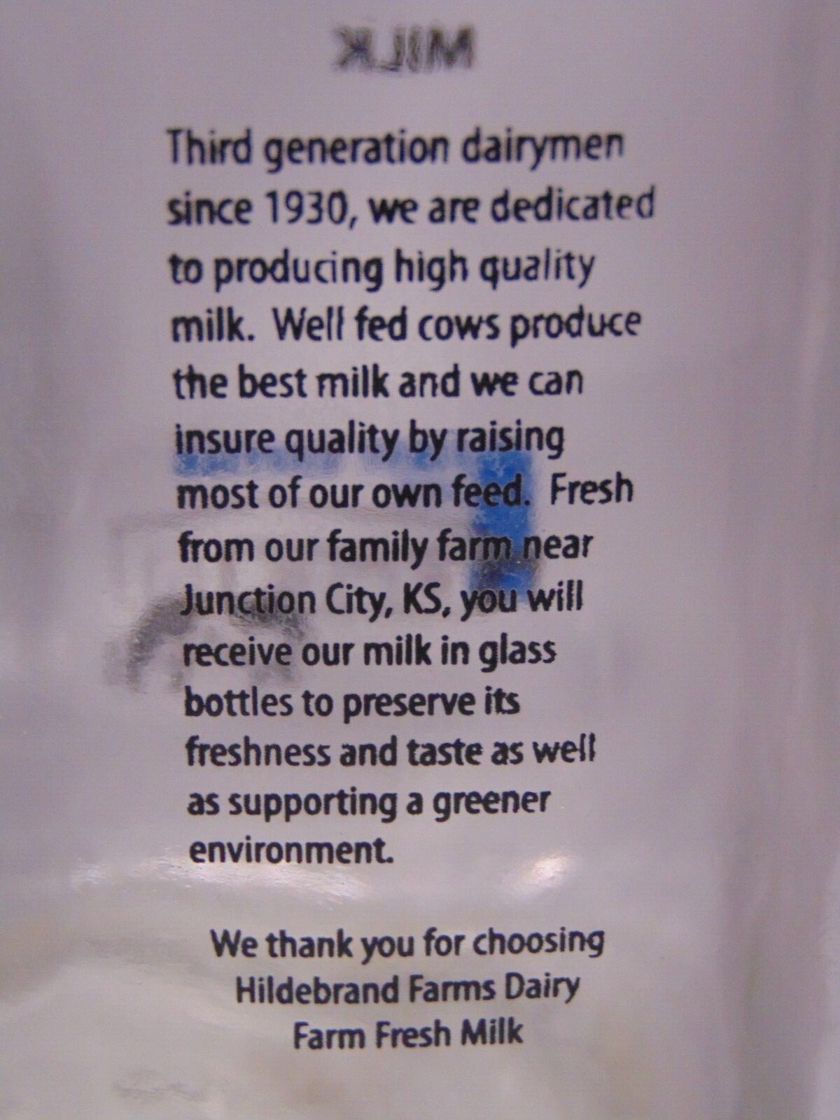 Hildebrand Farms Dairy Cow Barn Farm Graphic MILK BOTTLE Junction City