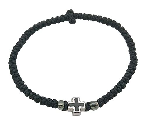 Blessed Greek Orthodox Prayer Rope Handmade Thin Black with Metallic Cross - Picture 2 of 3